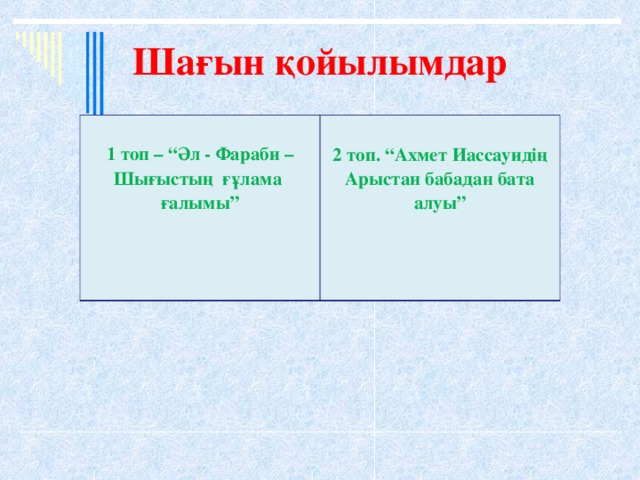 Шағын қойылымдар  1 топ – “Әл - Фараби – Шығыстың ғұлама ғалымы”  2 топ. “Ахмет Иассауидің Арыстан бабадан бата алуы”