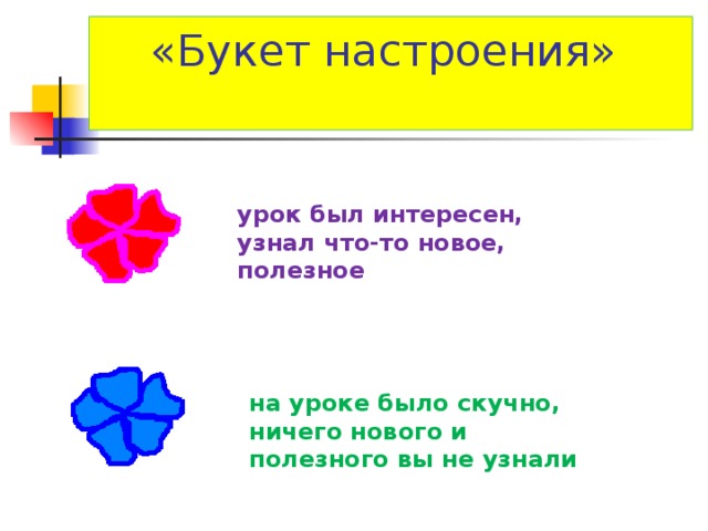 «Букет настроения»   урок был интересен, узнал что-то новое, полезное на уроке было скучно, ничего нового и полезного вы не узнали