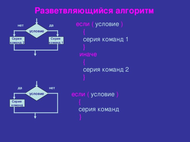 Разветвляющийся алгоритм если ( условие )  {  серия команд 1  }  иначе  {  серия команд 2  } да нет условие Серия команд 1 Серия команд 2 да нет условие если ( условие )  {  серия команд   } Серия команд