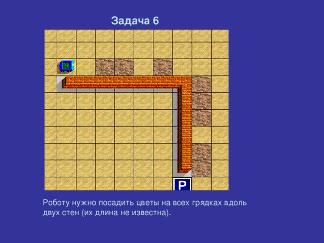 Задача 6 Роботу нужно посадить цветы на всех грядках вдоль двух стен (их длина не известна).