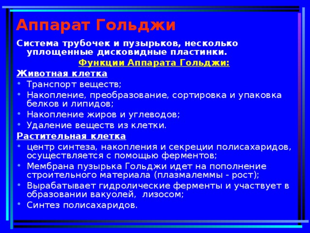 Аппарат Гольджи Система трубочек и пузырьков, несколько уплощенные дисковидные пластинки.  Функции Аппарата Гольджи: Животная клетка Транспорт веществ; Накопление, преобразование, сортировка и упаковка белков и липидов; Накопление жиров и углеводов; Удаление веществ из клетки. Растительная клетка