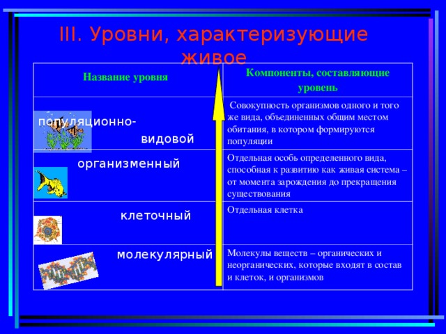 III . Уровни, характеризующие живое  Название уровня Компоненты, составляющие уровень  популяционно-  видовой  Совокупность организмов одного и того же вида, объединенных общим местом обитания, в котором формируются популяции  организменный  Отдельная особь определенного вида, способная к развитию как живая система – от момента зарождения до прекращения существования  клеточный Отдельная клетка  молекулярный Молекулы веществ – органических и неорганических, которые входят в состав и клеток, и организмов