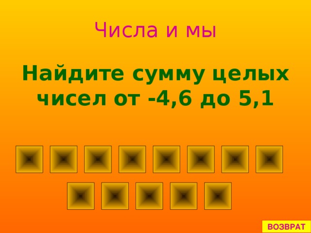 Числа и мы Найдите сумму целых чисел от -4,6 до 5,1 ВОЗВРАТ