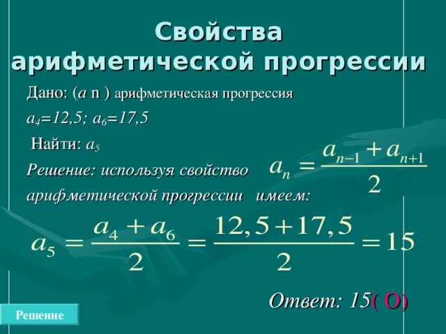 Свойства  арифметической прогрессии  Дано: ( а n ) арифметическая прогрессия   а 4 =12,5; а 6 =17,5   Найти: а 5  Решение: используя свойство арифметической прогрессии имеем:   Ответ: 15 ( О) Решение