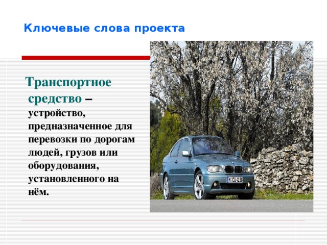 Ключевые слова проекта  Транспортное средство –  устройство, предназначенное для перевозки по дорогам людей, грузов или оборудования, установленного на нём.