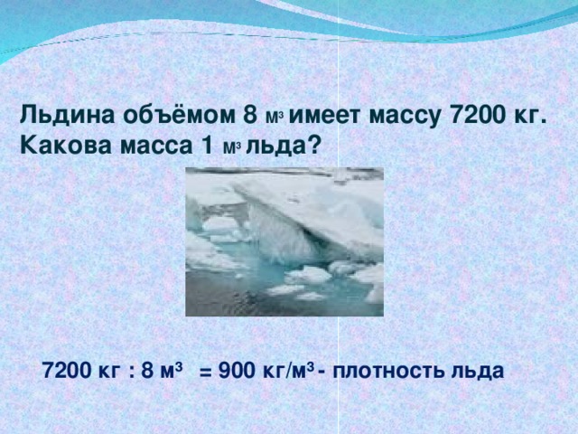 Льдина объёмом 8 М 3  имеет массу 7200 кг. Какова масса 1 М 3  льда?   7200  кг : 8 м³  = 900 кг/м³  - плотность льда