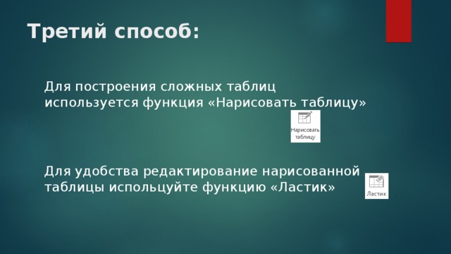 Третий способ: Для построения сложных таблиц используется функция «Нарисовать таблицу» Для удобства редактирование нарисованной таблицы испольцуйте функцию «Ластик»