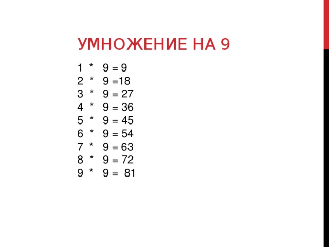 Умножение на 9     1 * 9 = 9 * 9 =18 * 9 = 27 * 9 = 36 * 9 = 45 * 9 = 54 7 * 9 = 63 * 9 = 72 9 * 9 = 81