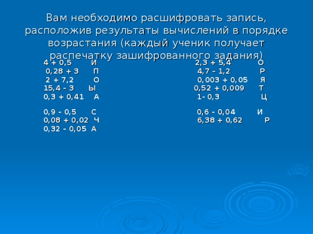 Вам необходимо расшифровать запись, расположив результаты вычислений в порядке возрастания (каждый ученик получает распечатку зашифрованного задания)  4 + 0,5 И 2,3 + 5,4 О  0,28 + 3 П 4,7 – 1,2 Р  2 + 7,2 О 0,003 + 0,05 Я  15,4 – 3 Ы 0,52 + 0,009 Т  0,3 + 0,41 А 1- 0,3 Ц  0,9 – 0,5 С 0,6 – 0,04 И  0,08 + 0,02 Ч 6,38 + 0,62 Р  0,32 – 0,05 А