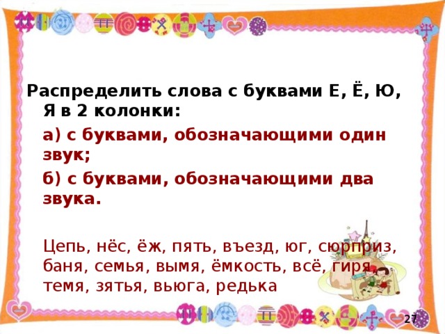 Распределить слова с буквами Е, Ё, Ю, Я в 2 колонки:   а) с буквами, обозначающими один звук;    б) с буквами, обозначающими два звука.   Цепь, нёс, ёж, пять, въезд, юг, сюрприз, баня, семья, вымя, ёмкость, всё, гиря, темя, зятья, вьюга, редька