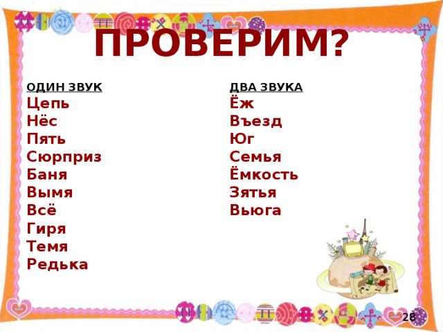 ПРОВЕРИМ ? ОДИН ЗВУК ДВА ЗВУКА Цепь Нёс Пять Сюрприз Баня Вымя Всё Гиря Темя Редька Ёж Въезд Юг Семья Ёмкость Зятья Вьюга