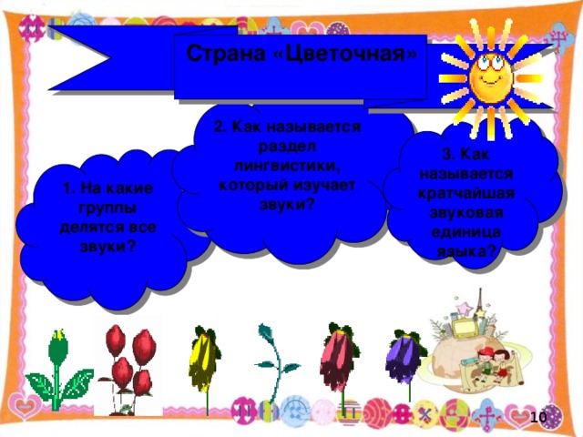Страна «Цветочная» 2. Как называется раздел лингвистики, который изучает звуки?  3. Как называется кратчайшая звуковая единица языка ?  1. На какие группы делятся все звуки ?