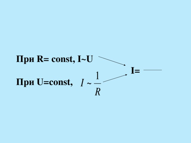 При R= const, I ~ U   I= При U=const,