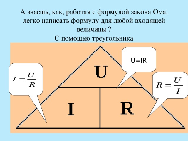 А знаешь, как, работая с формулой закона Ома,  легко написать формулу для любой входящей величины ?  С помощью треугольника U=IR