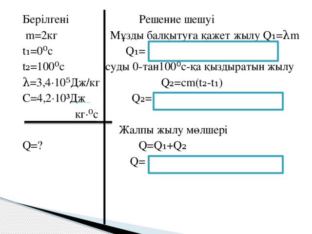 Берілгені Решение шешуі  m=2кг Мұзды балқытуға қажет жылу Q₁=λm t₁=0⁰с Q₁= t₂=100⁰с суды 0-тан100 ⁰ с-қа қыздыратын жылу λ=3,4∙10⁵Дж/кг Q₂=сm(t₂-t₁) C=4,2∙10³Дж Q₂=  кг∙⁰с  Жалпы жылу мөлшері Q=? Q=Q₁+Q₂  Q=