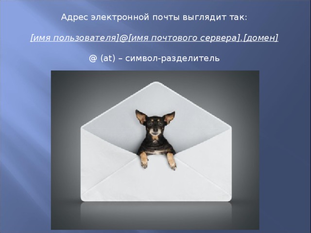 Адрес электронной почты выглядит так: [ имя пользователя ] @ [ имя почтового сервера ] . [ домен ] @  ( at) –  символ-разделитель