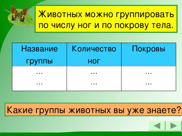 Животных можно группировать  по числу ног и по покрову тела. Название группы Количество ног … … Покровы … … … … Какие группы животных вы уже знаете?