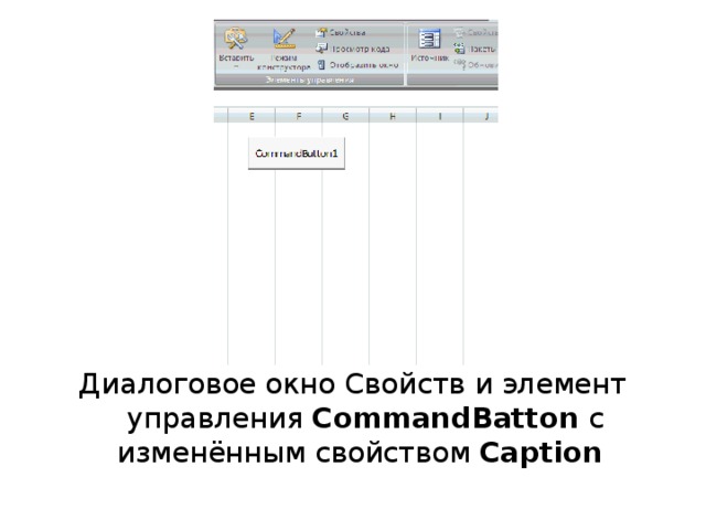 Диалоговое окно Свойств и элемент управления CommandBatton с изменённым свойством Caption