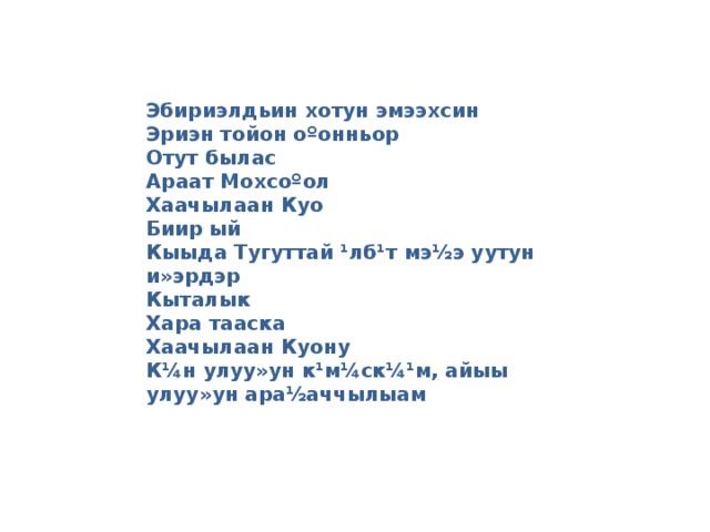 Эбириэлдьин хотун эмээхсин Эриэн тойон оºонньор Отут былас Араат Мохсоºол Хаачылаан Куо Биир ый Кыыда Тугуттай ¹лб¹т мэ½э уутун и»эрдэр Кыталык Хара тааска Хаачылаан Куону К¼н улуу»ун к¹м¼ск¼¹м, айыы улуу»ун ара½аччылыам