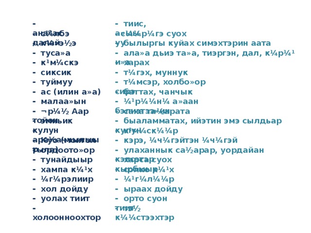 - анаºас - тиис, а»ыы - с¼лбэ далай - с¼¼р¼гэ суох уу - к¼»э½э - былыргы куйах симэхтэрин аата - ала»а дьиэ та»а, тиэргэн, дал, к¼р¼¹ и»э - туса»а - харах - к¹м¼скэ - т¼гэх, муннук - сиксик - туймуу - т¼мсэр, холбо»ор сирэ - баттах, чанчык - ас (илин а»а) - малаа»ын - ¼¹р¼¼н¼ а»аан бэлиэтээ»ин - ¬р¼½ Аар тойон  - саха та½арата - быаламматах, ийэтин эмэ сылдьар кулун - эмньик кулун - ара½аччылыыр - к¹м¼ск¼¼р - Куо (монгол тыла) - кэрэ, ¼ч¼гэйтэн ¼ч¼гэй - ордоото»ор - улаханнык са½арар, уордайан кэпсэтэр - тунайдыыр - харса суох кырбыыр - солко к¼¹х - хампа к¼¹х - ¼г¼рэлиир - ¼¹г¼л¼¼р - ыраах дойду - хол дойду - уолах тиит - орто суон тиит - холоонноохтор - тэ½ к¼¼стээхтэр