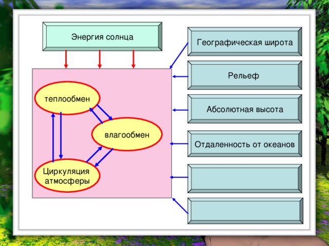 Энергия солнца Географическая широта Рельеф теплообмен Абсолютная высота влагообмен Отдаленность от океанов Циркуляция атмосферы