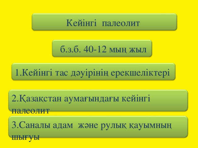 Кейінгі палеолит  б.з.б. 40-12 мың жыл 1.Кейінгі тас дәуірінің ерекшеліктері 2.Қазақстан аумағындағы кейінгі палеолит 3.Саналы адам және рулық қауымның шығуы