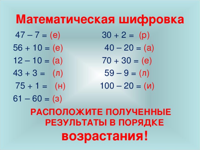 Математическая шифровка 47 – 7 = (е) 30 + 2 = (р) 56 + 10 = (е) 40 – 20 = (а) 12 – 10 = (а) 70 + 30 = (е) 43 + 3 = (л) 59 – 9 = (л)   75 + 1 = (н) 100 – 20 = (и) 61 – 60 = (з) РАСПОЛОЖИТЕ ПОЛУЧЕННЫЕ РЕЗУЛЬТАТЫ В ПОРЯДКЕ возрастания!