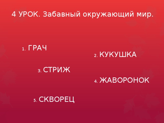 4 УРОК. Забавный окружающий мир. 1. ГРАЧ 2. КУКУШКА 3. СТРИЖ 4. ЖАВОРОНОК 5. СКВОРЕЦ