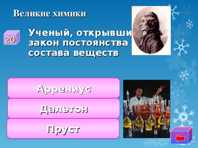 Великие химики  Ученый, открывший закон постоянства состава веществ 20 Аррениус Дальтон Пруст