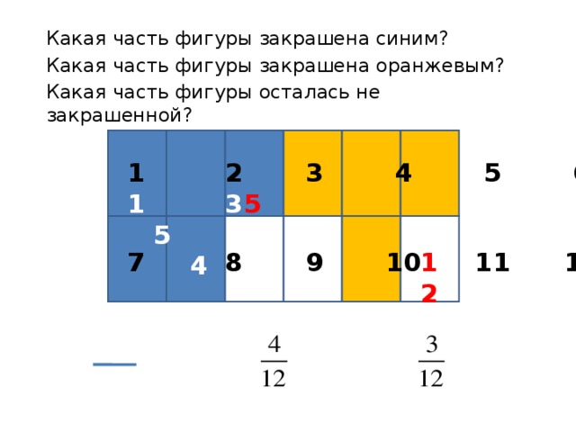 Какая часть фигуры закрашена синим? Какая часть фигуры закрашена оранжевым? Какая часть фигуры осталась не закрашенной? 1 2 3 4 5 6 5 1 3 5 2 4 7 8 9 10 11 12 12