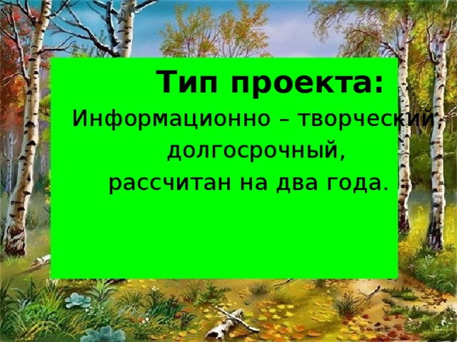 Тип проекта:  Информационно – творческий,  долгосрочный,  рассчитан на два года.