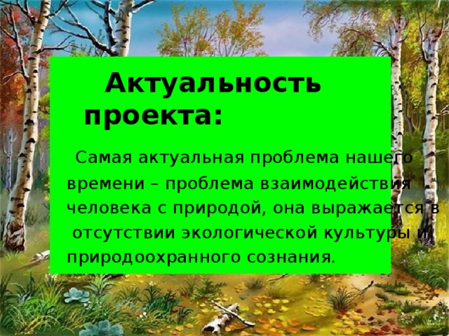 Актуальность проекта:  Самая актуальная проблема нашего времени – проблема взаимодействия человека с природой, она выражается в  отсутствии экологической культуры и природоохранного сознания.