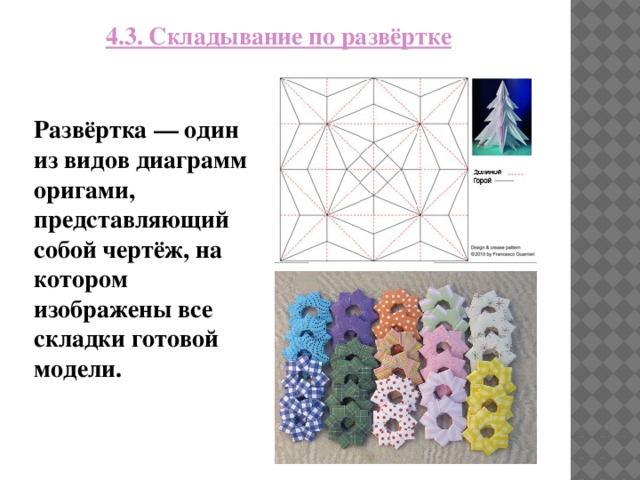 4.3. Складывание по развёртке Развёртка — один из видов диаграмм оригами, представляющий собой чертёж, на котором изображены все складки готовой модели.