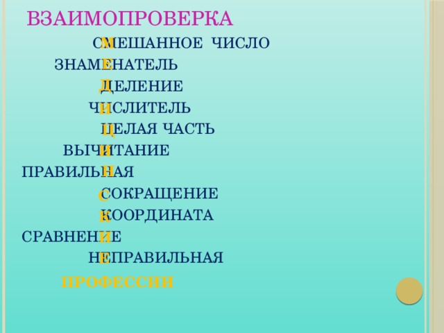 Взаимопроверка М  СМЕШАННОЕ ЧИСЛО  ЗНАМЕНАТЕЛЬ  ДЕЛЕНИЕ  ЧИСЛИТЕЛЬ  ЦЕЛАЯ ЧАСТЬ  ВЫЧИТАНИЕ ПРАВИЛЬНАЯ  СОКРАЩЕНИЕ  КООРДИНАТА СРАВНЕНИЕ  НЕПРАВИЛЬНАЯ Е Д И Ц И Н С К И Е ПРОФЕССИИ