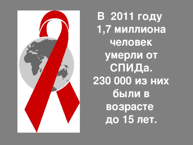 В 2011 году 1,7 миллиона человек умерли от СПИДа. 230 000 из них были в возрасте до 15 лет.