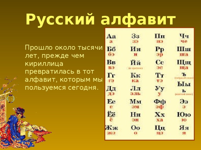 Русский алфавит Прошло около тысячи лет, прежде чем кириллица превратилась в тот алфавит, которым мы пользуемся сегодня.