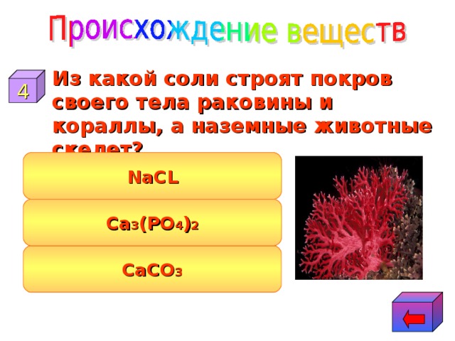 Из какой соли строят покров своего тела раковины и кораллы, а наземные животные скелет? 4 NaCL Са 3 (РО 4 ) 2 СаСО 3