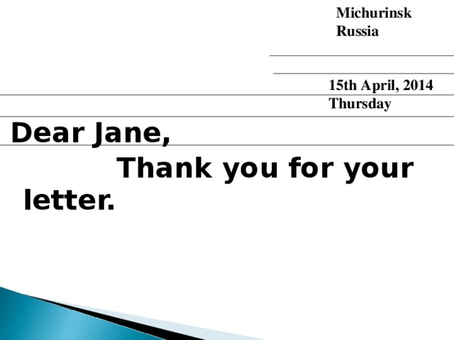 Michurinsk  Russia    15th April, 2014  Thursday Dear Jane,  Thank you for your letter.