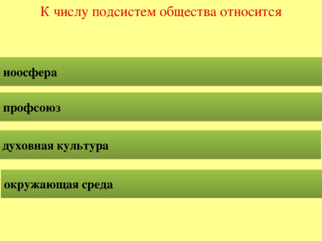 К числу подсистем общества относится ноосфера профсоюз духовная культура окружающая среда