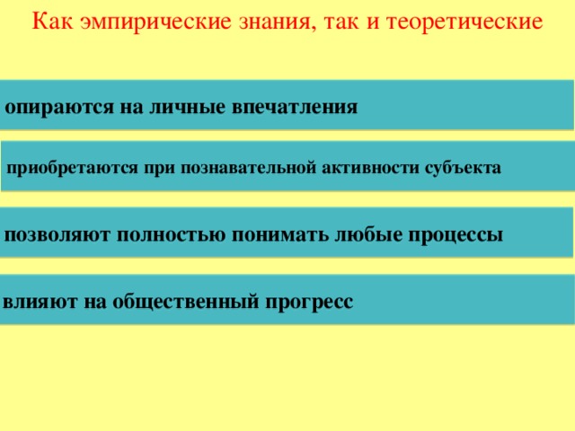 Как эмпирические знания, так и теоретические опираются на личные впечатления приобретаются при познавательной активности субъекта позволяют полностью понимать любые процессы влияют на общественный прогресс