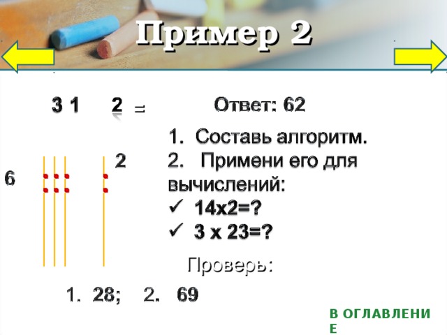 АРАБСКИЙ СПОСОБ Вычисли по образцу: 342 х 6 1 Проверь Ответ:2052 Пояснения В ОГЛАВЛЕНИЕ