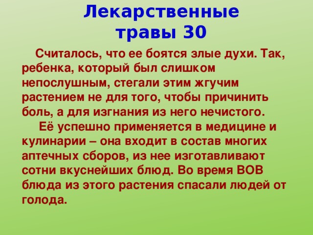 Лекарственные травы 30  Считалось, что ее боятся злые духи. Так, ребенка, который был слишком непослушным, стегали этим жгучим растением не для того, чтобы причинить боль, а для изгнания из него нечистого.  Её успешно применяется в медицине и кулинарии – она входит в состав многих аптечных сборов, из нее изготавливают сотни вкуснейших блюд. Во время ВОВ блюда из этого растения спасали людей от голода.