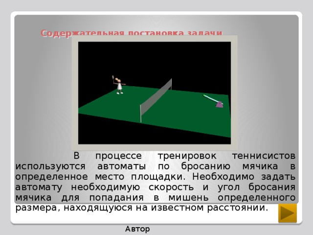 Содержательная постановка задачи  В процессе тренировок теннисистов используются автоматы по бросанию мячика в определенное место площадки. Необходимо задать автомату необходимую скорость и угол бросания мячика для попадания в мишень определенного размера, находящуюся на известном расстоянии. Автор Макарова С.А.