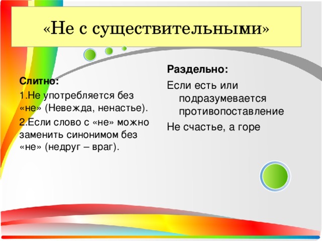 «Не с существительными» Слитно: 1.Не употребляется без «не» (Невежда, ненастье). 2.Если слово с «не» можно заменить синонимом без «не» (недруг – враг). Раздельно: Если есть или подразумевается противопоставление Не счастье, а горе