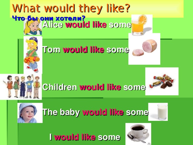 What would they like?  Что бы они хотели? Alice would like some  Tom would like some   Children would like some  The baby would like some   I would like some