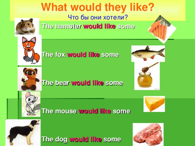 What would they like?  Что бы они хотели? The hamster would like some   The fox would like some   The bear would like some   The mouse would like some   The dog would like some