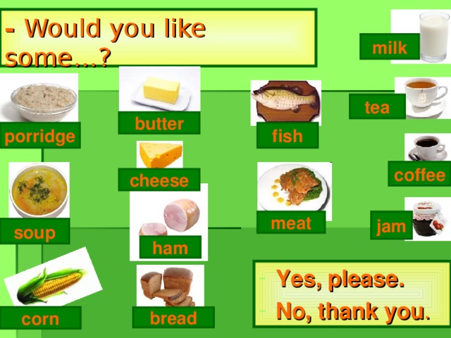 - Would you like some…? milk tea butter porridge fish coffee cheese meat jam soup ham Yes, please. No, thank you . corn bread