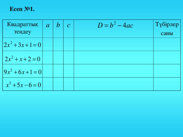 Есеп №1. Квадраттық теңдеу a b c Түбірлер саны