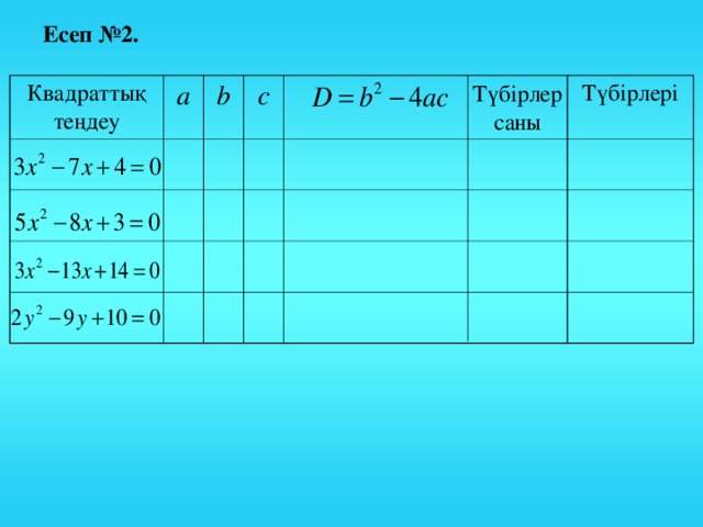 Есеп №2. Түбірлер саны Квадраттық теңдеу a b c Түбірлері