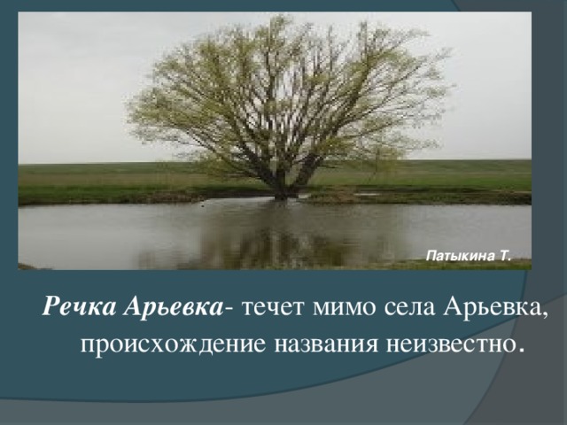 Речка Арьевка - течет мимо села Арьевка, происхождение названия неизвестно . Патыкина Т.